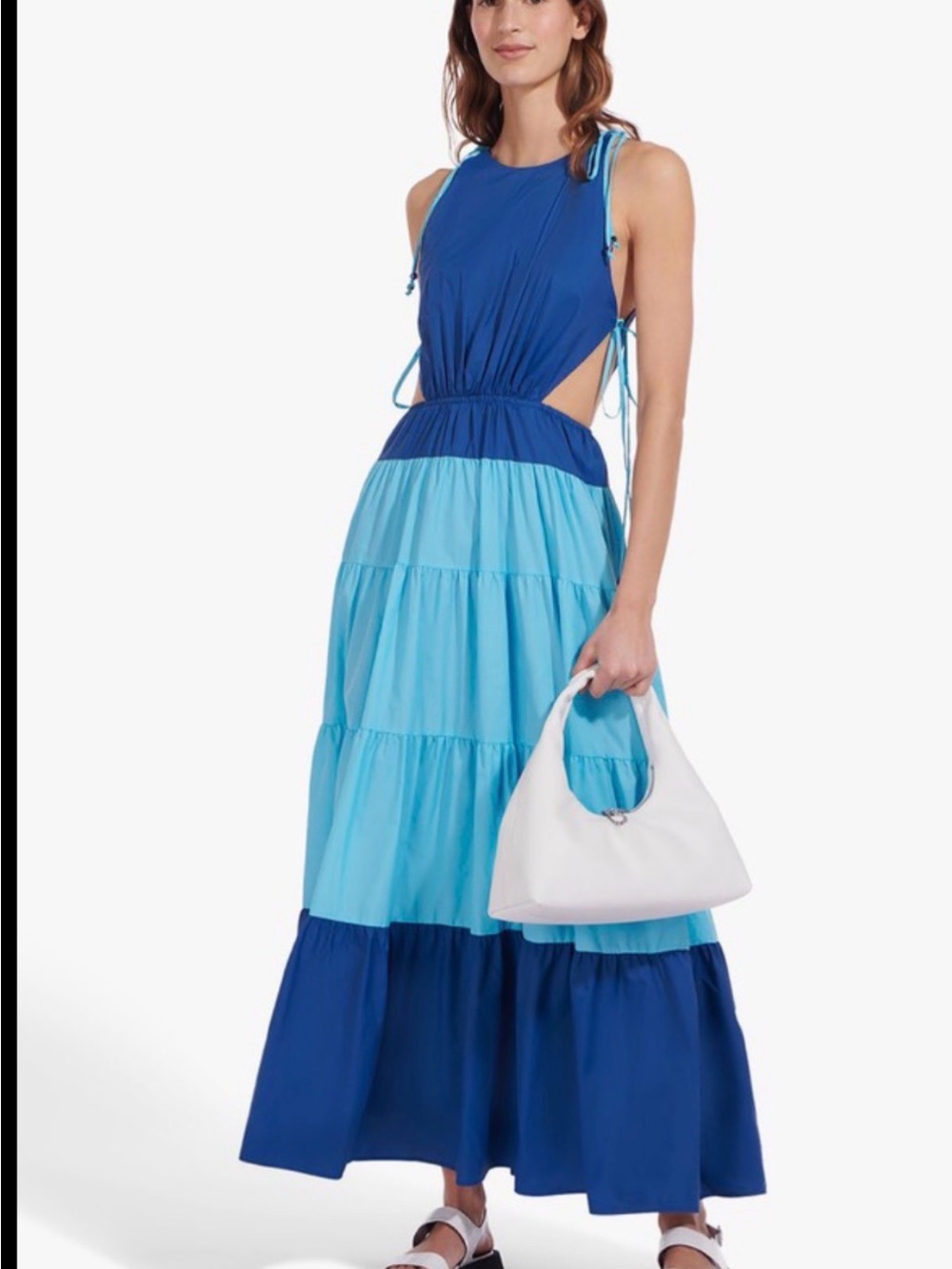Never worn STAUD Blue Tiered Tie-Shoulder Maxi Dress